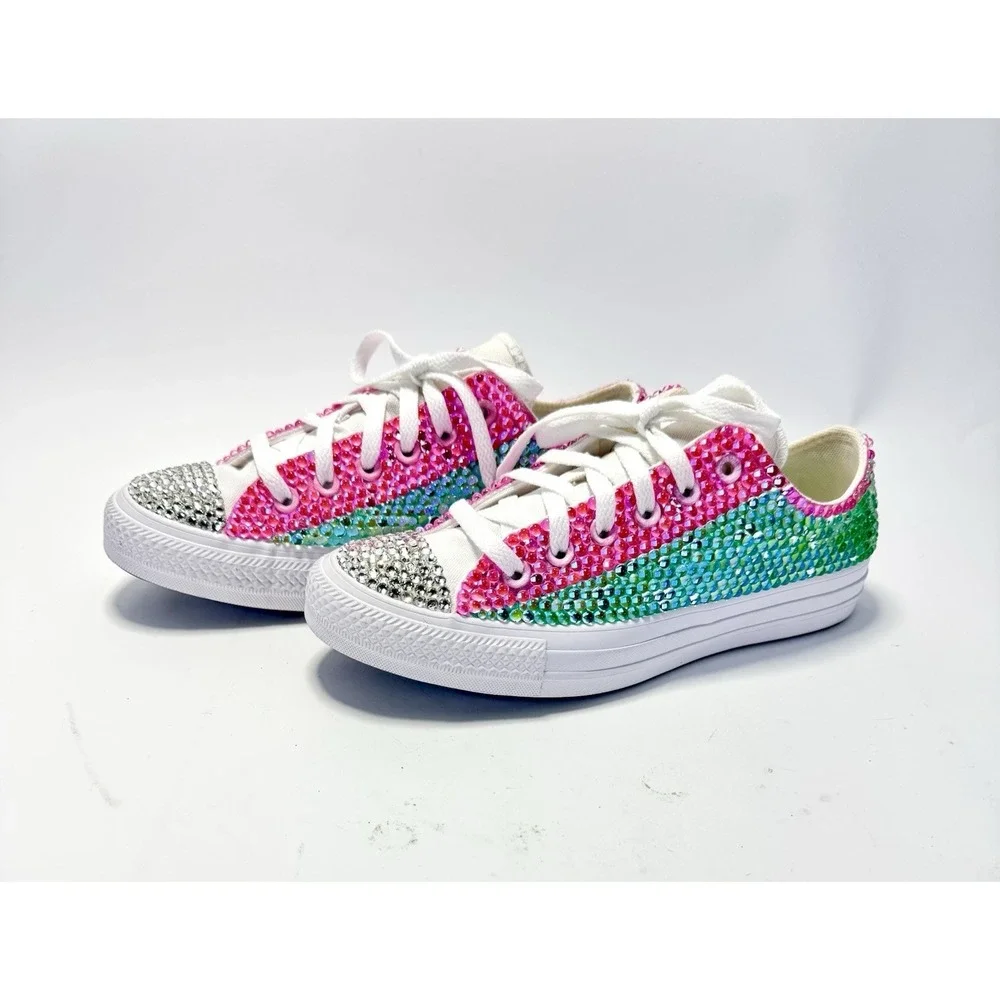 Custom Converse All Star Bling Embellished Sneakers Womens 7.5 Pink Green Wicked